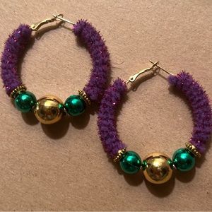 Mardi Gras Earrings 2 inch hoops handmade